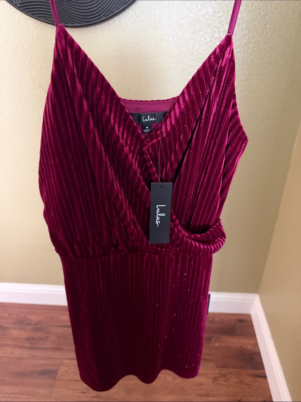 Lulu's Wine Red Velvet Plissé Wrap Mini Dress